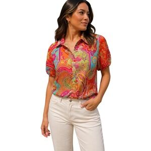 Lauren Ralph Lauren Paisley Puff Sleeve Button Down Blouse Orange Multi XL